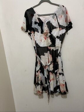 Isaac Mizrahi Black Floral Ruffle Wrap Mini Dress with Pink Accents